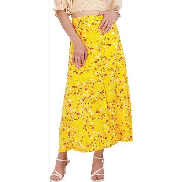 BCBGeneration Fit and Flare Elastic Waistband Midi Skirt Yellow Floral M NWT - Picture 1 of 13